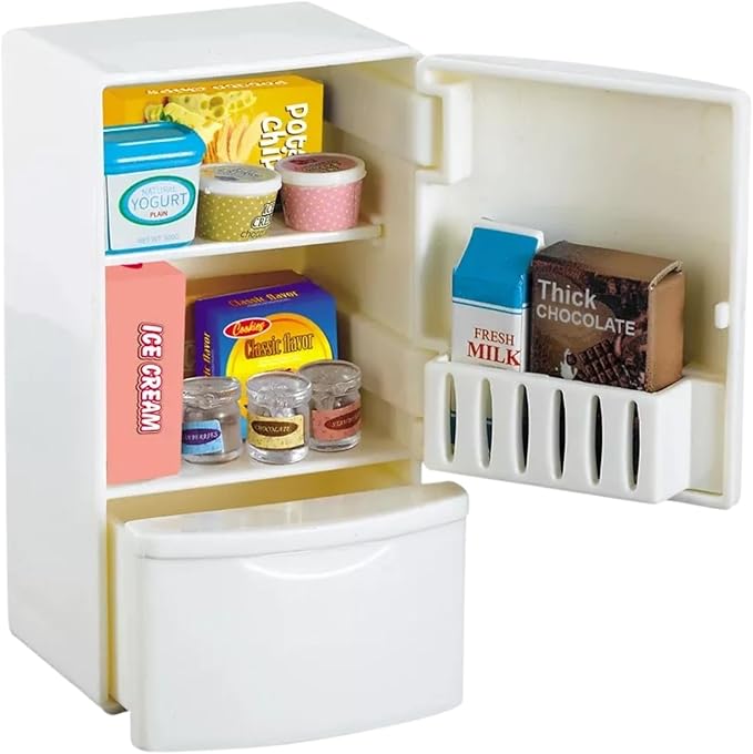 Family Dollhouse Refrigerator Set — Mini Fridge with Opening Doors, Interior Shelves, Milk Carton, Yogurt Tub, Ice Cream Cups & Topping Jars — Dollhouse Furniture & Accessories for Ages 3+