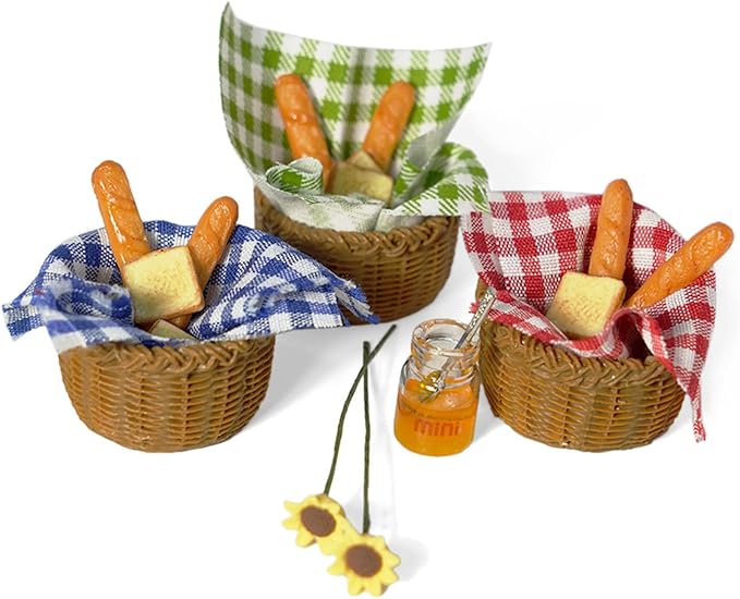 Miniature Food Dollhouse Accessories Garden Decor 1:12 Scale Bread Honey Picnic Basket Cloth Flowers 9PCS Garden Decoration Mini Room Display Props Model (Red Picnic Cloth)