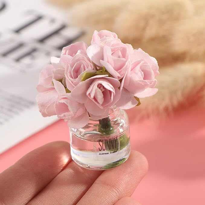 2Pcs 1:12 Scale Glass Vase with Flowers Set, Decorative Accessories for Mini Scene, Mini Decoration Dollhouse Décor