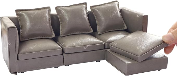iLAND Dollhouse Furniture Miniature Sectional Couch Set for Doll House Décor Fit 1/12 Scale Accessories, Modern Gray Faux Leather Sofa Timeless & Classic