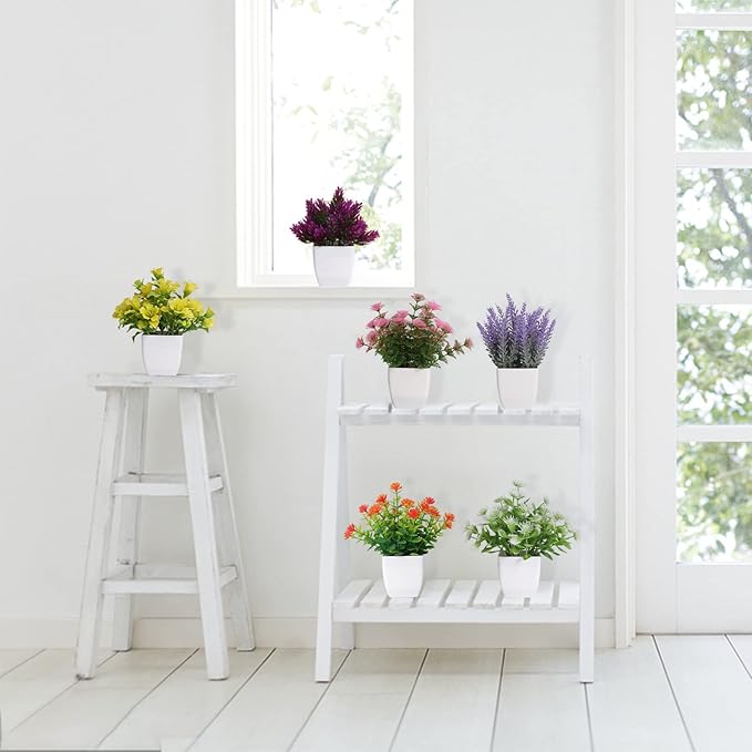 Yoratee 6pcs Artificial Pot Flowers Small Fake Plants with Pot Mini Potted Plants for House Office Tabletop Decoration