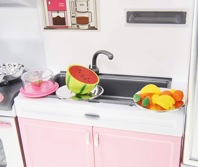 PowerTRC Doll Kitchen Play Set, Mini Modern Toy Pink Kitchen Pretend Play Furnitures Toy Set Accessories Set with Realistic Light & Sound for Kids Toddlers Girls (4-in-1)