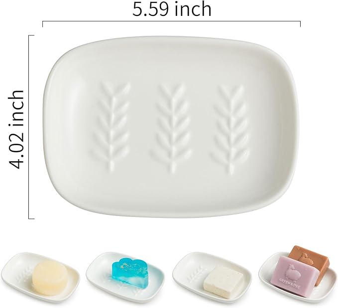 Miamolo Soap Dish Soap Holder Shower, Ceramic Soap Dishes for Bar Soap Sponge, Shower Soap Dish Soap Saver Tray for Bathroom Kitchen Sink, Easy to Clean, White