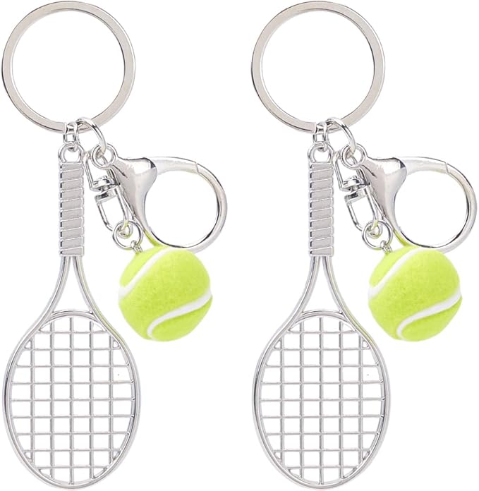 SOFPLATE 1 Box 2Pcs Tennis Themed Bag Charms Sport Ball Keychains Small Mini Metal Silver Racket Sports Hanging Alloy Charm Pendant Key Chains Charms for Purses Backpack Bags Party Favor Decoration