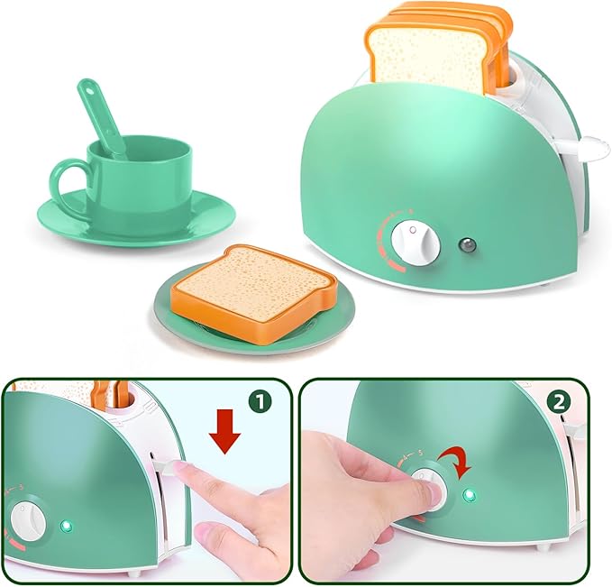 Play Kitchen Toys, Pretend Play Kitchen Appliances Toy Set with Coffee Maker, Mixer, Toaster with Realistic Lights& Sounds, Birthday Gift for Kids Ages 3-5 4-6 6-8 (Green)