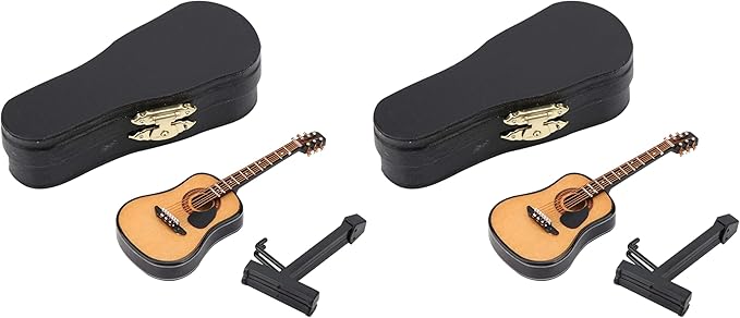 Miniature Guitar Model, Wooden Mini Guitar with Stand and Case, 3.95in Dollhouse Guitar, Musical Instrument Model Home Decor(10CM) (Pack of 2)