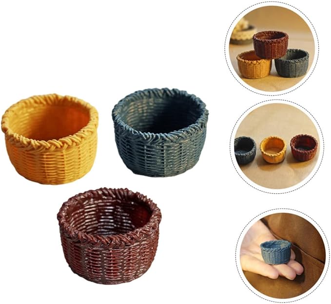 Totority Mini Basket Model 3Pcs Resin Miniature Dollhouse Baskets Creative Storage Ornament for 1 12 Scale Mini House Decor Accessories