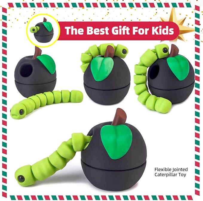 3D Printed Apple Container with Worm Flexi Inside,3D Printed Animals Toys,STEM Educational Toy for Nature Learning,Fun Sensory Fidget Toy for Kids, Unique Fun Decoration (Black)