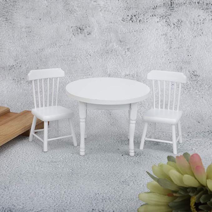 1/12 Scale Dollhouse Furniture Set, Wooden Table and 2 Chairs Miniature White Living Room Decor for Doll House Accessories (Three-Piece Table and Chair Set)