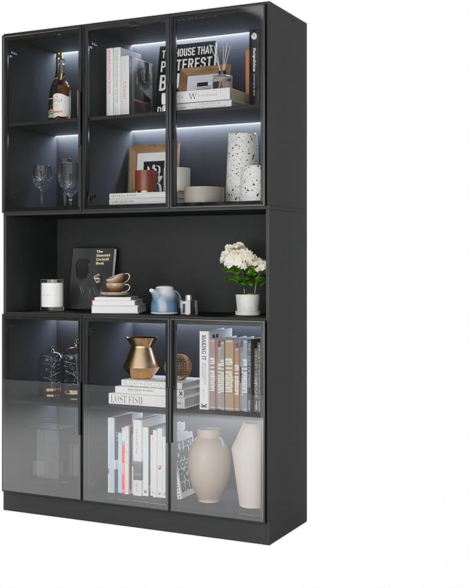 Display Cabinet with Hutch, Glass Doors and Lights, Wooden Storage Cabinet with 5-Tier Shelves, Can be Used as Bookcases, Kitchen Pantry Cabinets, Black (47.2 "W x 16.5 "D x 78.7 "H)