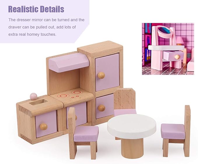 22 Pieces Wooden Mini Furniture Accessories 1:12 Scale Mini Wooden Furnishings for Mini Living Room,Kitchen,Dining Room,Bedroom,Bathroom