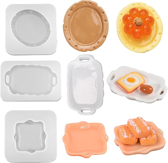 3Pcs Mini Dinner Plate Tray Shape Resin Silicone Molds Tiny Plate Epoxy Casting Molds for DIY Micro Resin Dollhouse Fairy Garden Kitchen Miniatures Landscape Decor