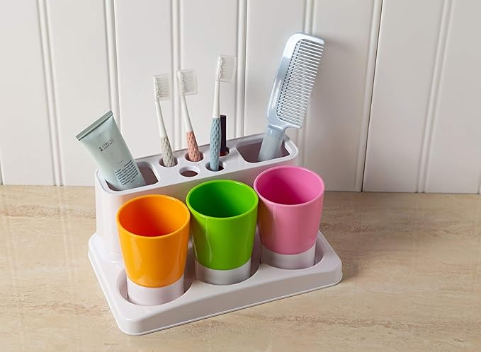 Aebeky Toothbrush Holder Kids Family Set for Bathroom Storage Organizer (Orange+Green+Pink)