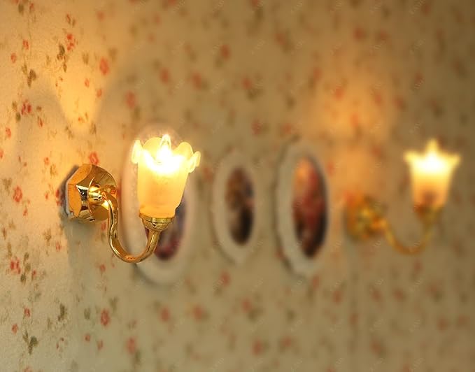 iLAND 1/12 Scale Accessories of Dollhouse Lights, Classic Miniature Lamp for Dollhouse Decoration, Pretty Glass Floral Wall Light w/Plug
