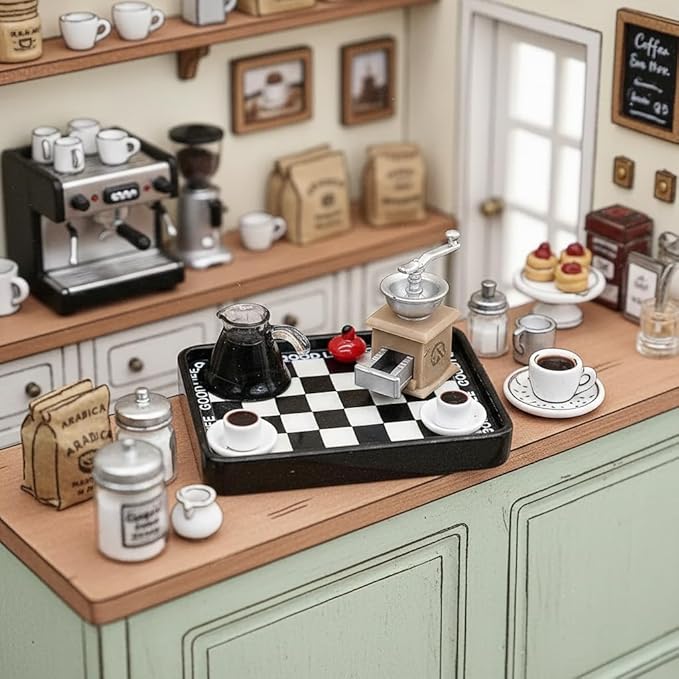 Dollhouse Miniature Coffee Shop Set, 1:12 Scale Mini Café Accessories, DIY Dollhouse Display Kit, Detailed Tiny Café Scene Kit for Collectors & Crafts