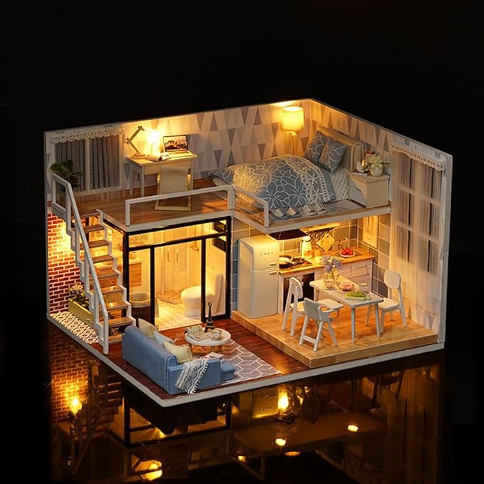 TuKIIE DIY Miniature Dollhouse Kit with Furniture, 1:24 Scale Creative Room Mini Wooden Christmas Doll House Accessories Plus Dust Proof & Music Movement for Kids Teens Adults(Blue Times)