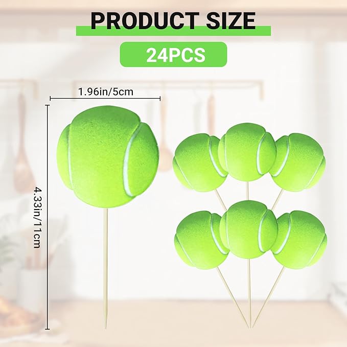 24 Pcs Tennis Cupcake Toppers,Sports Tennis Cupcake Cake Decorations Supplies,Tennis Theme Birthday Cake Topper,Tennis Birthday Party Decorations