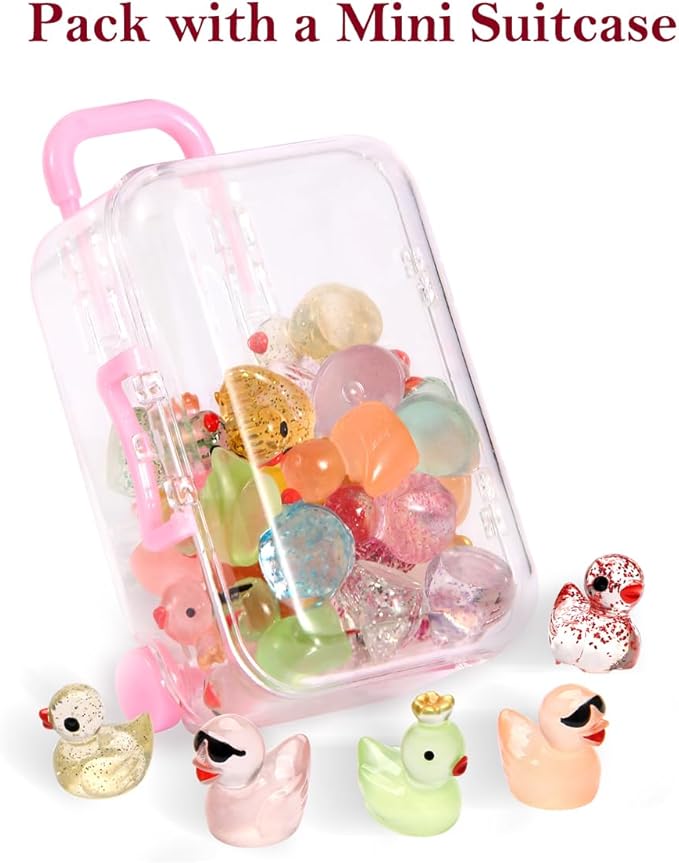 25pcs Mini Resin Ducks with Mini Suitcase, 12pcs Glitter &13pcs Luminous Tiny Duck Resin Animals for Fairy Garden Accessories, Dollhouse, Landscape, Succulents Decor, DIY Craft