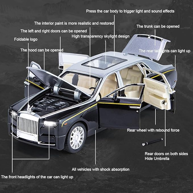 EROCK Alloy Collectible Rolls-Royce Phantom Model Toy Car, 1/32 Scale Diecast Car Model Pull Back Vehicles Phantom Toy with Sound & Light, Car Logo Can be Folded 1/32 Phantom Black-Silver