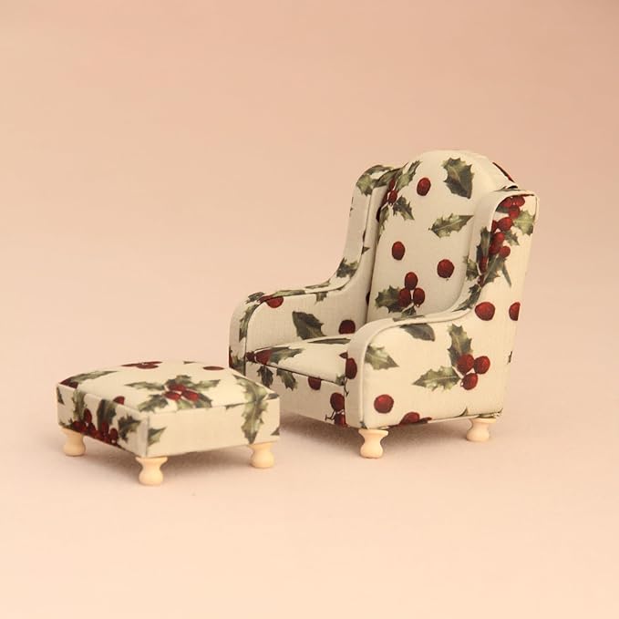 Funky Mini Home 1:12 Scale Dollhouse Armchair & Ottoman Set - 2-Piece Festive Miniature Furniture, Perfect Holiday for Dollhouse Collectors Festive Dollhouse Decor (White)