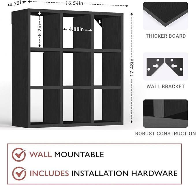 Helsin 9 Grid Vintage Coffee Mug Display Rack, 16inch Wall Mounted Wooden Curio Shadow Box Shelf, Cup Floating Shelves Display and Organizer (Black)