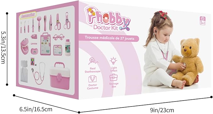 Phobby Durable Doctor Kit for Kids, 27 Pcs Deluxe Pretend Play Set Medical Toy with Real Stethoscope for Toddlers Boys Girls Birthday Gift Aged 3 4 5 6 7 8(Pink)