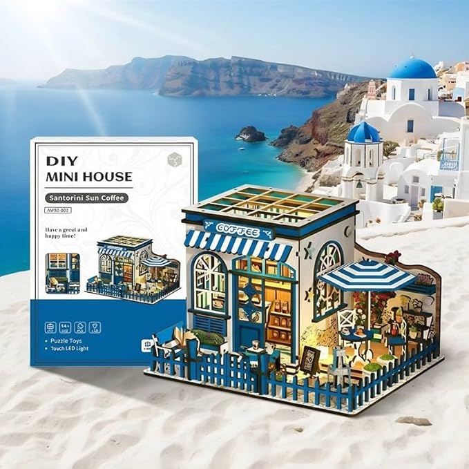 DIY Miniature House Kit - 3D Wooden Puzzle Dollhouse Kit with LED Lights, Coffee Shop Book Nook Bookshelf Insert Decor, Mini House Building Kit for Adults & Teens, Creative Craft Gift