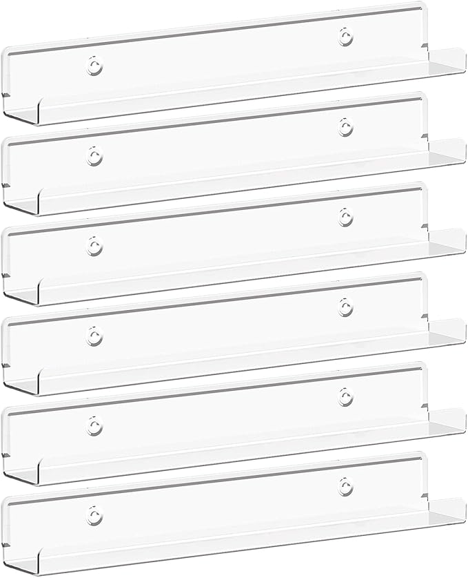 Lifewit Narrow Floating Shelves for Vinyl Record 6 Pack, 12" Clear Wall Shelves for Nail Polish/Book/Picture/Makeup, Acrylic Wall Mount Display Shelf Organizer for Bedroom, Living Room, Bathroom Decor