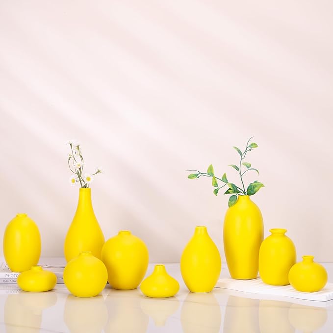 Ceramic Bud Vase Set of 10 - Yellow mini Bud Vases in Bulk Dining Table Centerpieces, Cute Bulk Small Flower Vase for Pampas Grass&Single Flower Decor, Ideal Wedding Window Sill Aesthetic Desk Decor