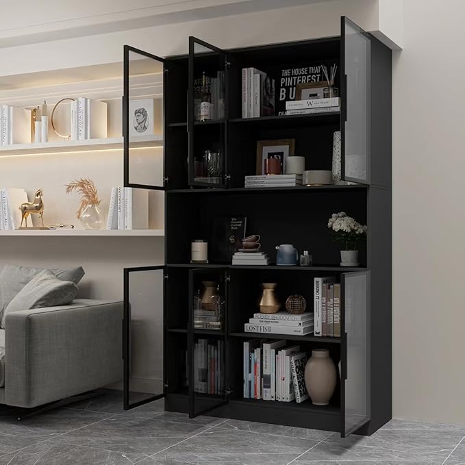 Display Cabinet with Hutch, Glass Doors and Lights, Wooden Storage Cabinet with 5-Tier Shelves, Can be Used as Bookcases, Kitchen Pantry Cabinets, Black (47.2 "W x 16.5 "D x 78.7 "H)