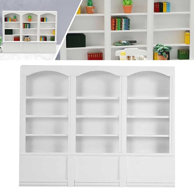 1:12 Scale Dollhouse Bookshelf (White), Miniature Wooden Bookcase Display Cabinet for Dollhouse Furniture, Collector's Decoration Accessory