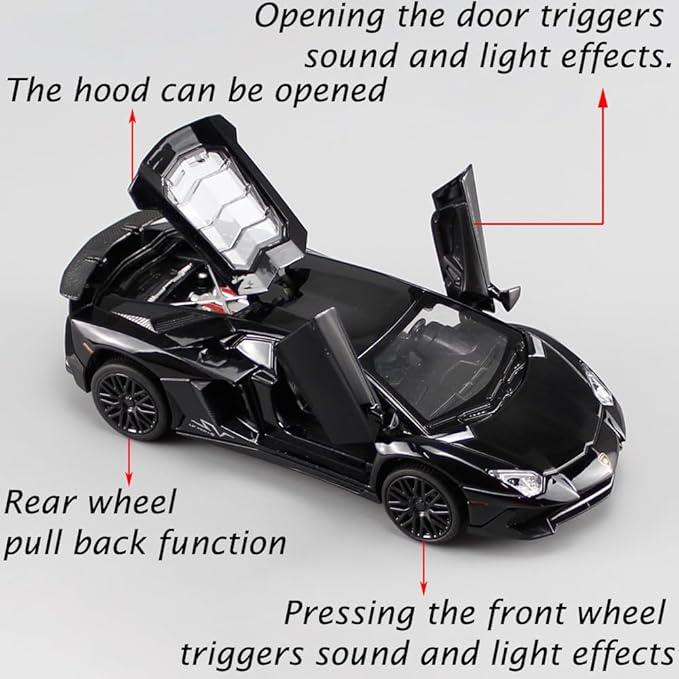 Alloy Collectible Black Aventador Toy Car Model Pull Back Die-Cast Vehicle with Lights and Sound