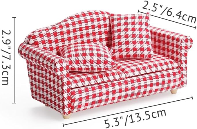 Odoria Dollhouse Couch Loveseat Miniature - 1/12 Scale Upholstered Sofa for Rustic Country Living Room - Mini Settee Chaise Lounge Wood Furniture Plaid Red