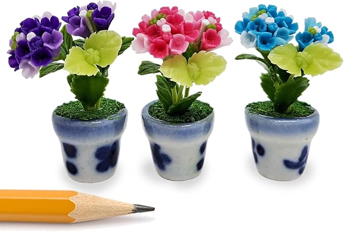 WitnyStore Tiny 1½" High 3 Pieces Set Purple Pink Blue Hydrangea Hand Made Artificial Flowers Realistic Colorful Miniature Modelling Clay Flower Pots Variety of House Plant Species Home Decoration