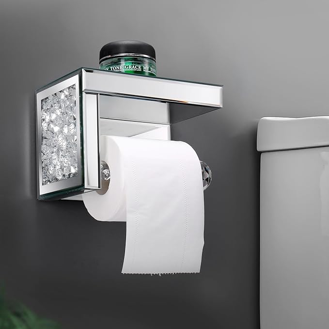 TACIDON Crystal Crush Diamond Toilet Paper Holder with Mirrored Shelf. Silver Modern Toilet Paper Holder Wall Mounted, Glamorous Mirror Toilet Paper Roll Holder for Bathroom Washroom.