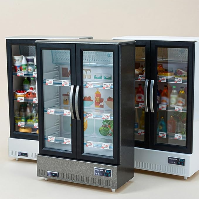 1/20 Scale Mini Food-Play Realistic Double-Door Fridge Model, Miniature Kitchen Supermarket Props, Pretend-Play Fridge Set (Dark Grey Refrigerator + 60 Random Items + Shopping Cart/Light-Up