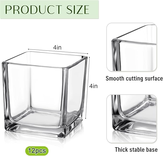 Kritkin 24 Pcs Square Glass Vases 4 x 4 Inch and 4 Rolls 3 Inch x 30 Yards Leaf Floral Ribbon Clear Glass Cube Vase Square Flower Vases for Centerpieces Candle Holders for Home Table Wedding Events