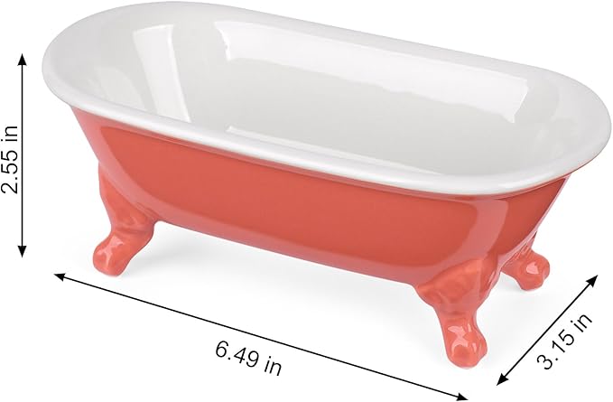 NEWHENGS 6.5" Ceramic Mini Decorative Clawfoot Bathtub Bar Soap Dish, Kitchen Sponge Holder and Shower Tray for Bathroom, 1 Pack(Coral)