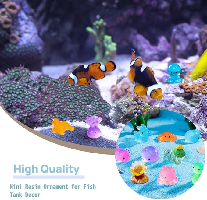 40 Pcs Luminous Mini Resin Ocean Animals Turtle Axolotl Manta Ray for Aquarium Decor Fish Tank Garden Miniatures High-Gloss Resin Crafts Birthday Cake Topper