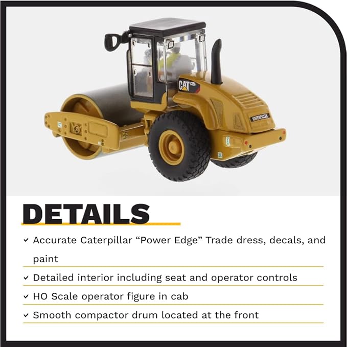 1:87 Caterpillar CS56 Smooth Drum Vibratory Soil Compactor - HO Models by Diecast Masters - 85246 - Functioning Wheels & Rolling Drum