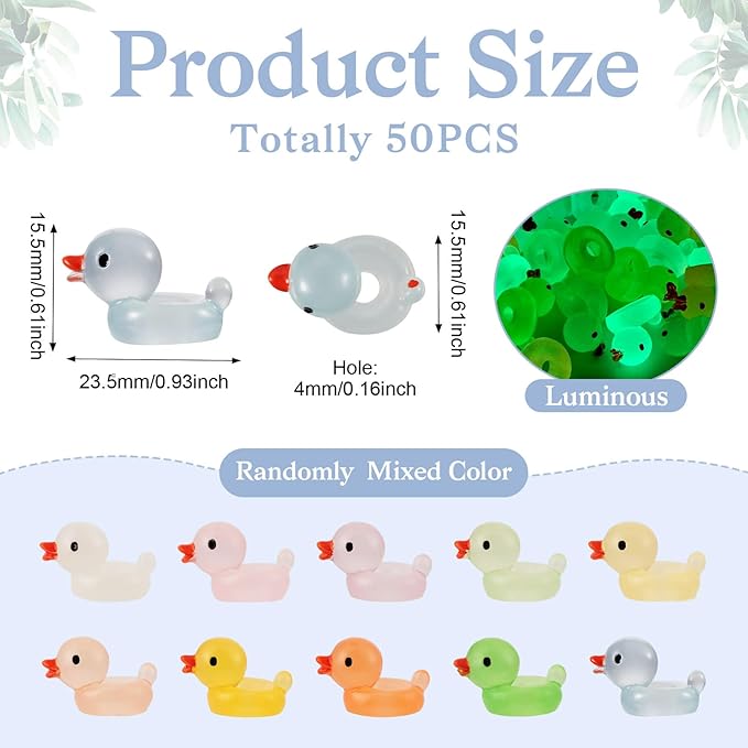 Beadthoven 50pcs Glow in The Dark Duck Beads Resin Large Hole European Beads Luminous Tiny Duck Animals Figures for Bracelet Necklace Keychain Crafts Jewelry Making Supplies