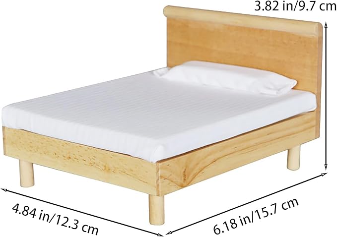 1/12 Dollhouse Bed Miniature Queen Woode Bed for Dollhouse Bedroom Furniture Accessories (Wood)
