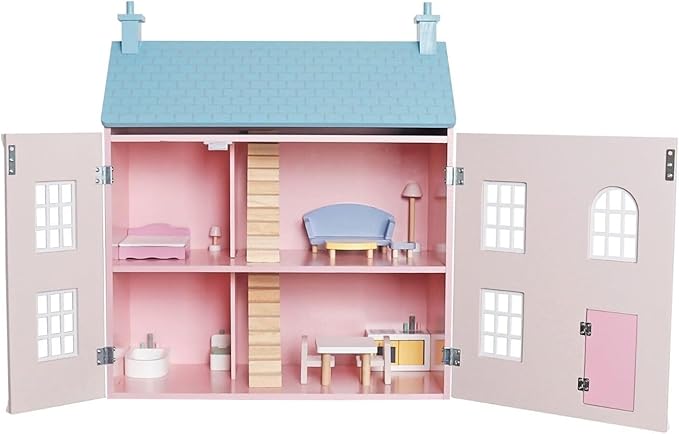 Doll House, 3-Story Wooden Cottage Dollhouse Playset w/Double-Sided Roofs, Accessories & Furniture, Pretend Play Toddler Big Doll House, Gift for Kids Aged 3+ (Pink)