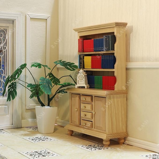 iLAND Miniature Wooden Dollhouse Furniture Set: Sofa, Cabinets, Coffee Table for Dollhouse Living Room (Classic Doll Furniture 7pcs)