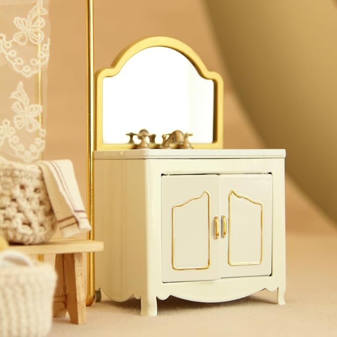 Funky Mini House Miniature Dollhouse Iron Sink Dresser with Mirror - 1:12 Scale Mini Vanity Metal Furniture, Cute Dollhouse Furniture for American Girl Dollhouse Bedroom Decor, Christmas/Birthday Gift