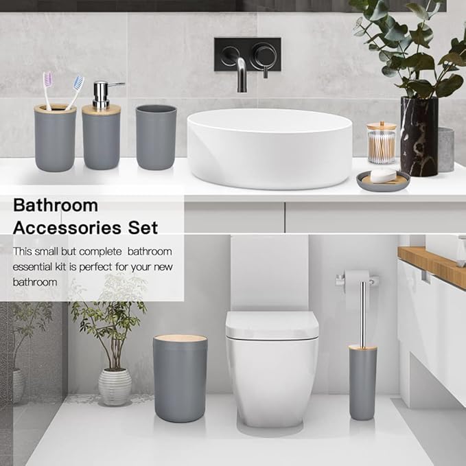 OTOSTAR Bathroom Accessory Set 8 Pieces Bathroom Accessories Set Bamboo Gift Bathroom Set with Trash Can Toothbrush Holder Soap Dispenser Soap and Lotion Set Tumbler Cup 2 Qtip Holder Jars (Grey)