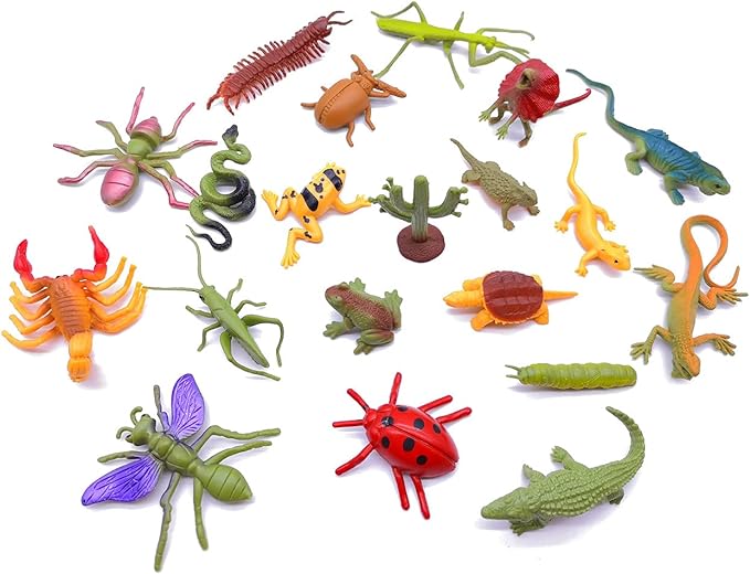 Guaishou 20pcs Realistic Bugs Plastic Insects Animals Figures Toys Contains Ladybugs Caterpillars Beetles Mantises Scorpions Lizards Snakes Frogs Ants