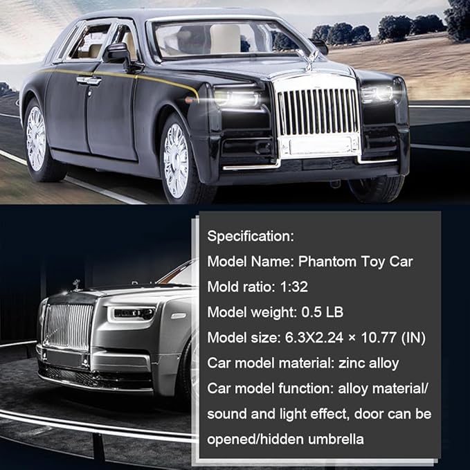 EROCK Alloy Collectible Rolls-Royce Phantom Model Toy Car, 1/32 Scale Diecast Car Model Pull Back Vehicles Phantom Toy with Sound & Light, Car Logo Can be Folded 1/32 Phantom Black-Silver