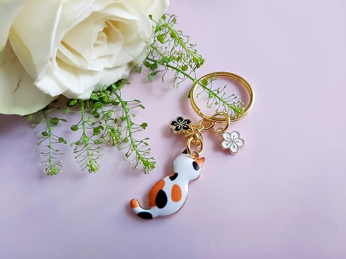 Agromusk Cute Cat Keychain, Enamel Flower Keyring Japanese Decor for Garden Cat Lovers, Kawaii Bag Charm With Sakura Flowers