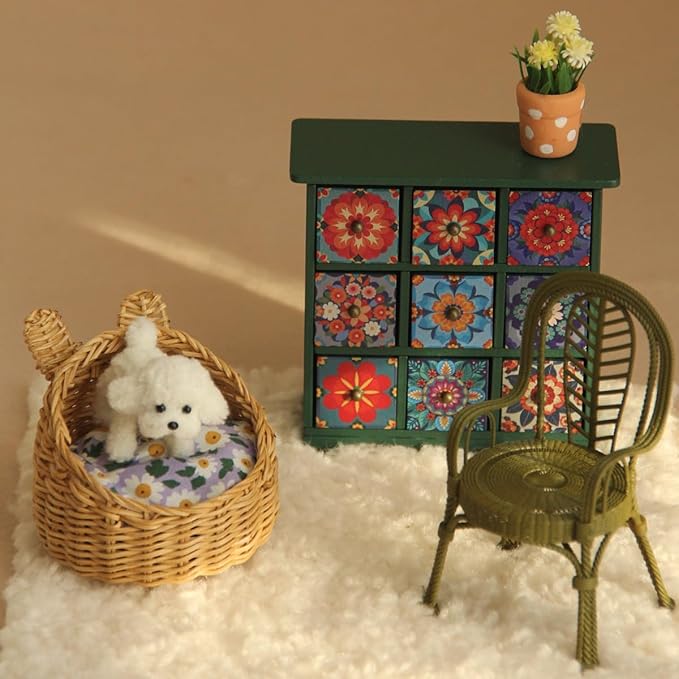 Miniature Dollhouse Cabinet 1:12 Scale Hand-Painted Wooden Vintage Farmhouse Chest of Drawers with Bohemian Persian Florals Christmas/Birthday Gift (Dark Brown)